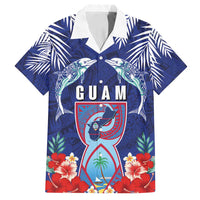 Guam Liberation Day Family Matching Tank Maxi Dress and Hawaiian Shirt The Tribal Latte Stone and Dolphins with Hibiscus Chamorro Culture LT03 Dad's Shirt - Short Sleeve Blue - Polynesian Pride