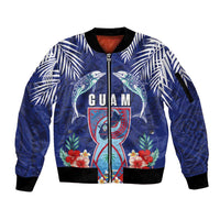 Guam Liberation Day Sleeve Zip Bomber Jacket The Tribal Latte Stone and Dolphins with Hibiscus Chamorro Culture