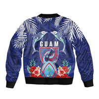 Guam Liberation Day Sleeve Zip Bomber Jacket The Tribal Latte Stone and Dolphins with Hibiscus Chamorro Culture
