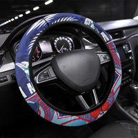 Guam Liberation Day Steering Wheel Cover The Tribal Latte Stone and Dolphins with Hibiscus Chamorro Culture LT03 Universal Fit Blue - Polynesian Pride