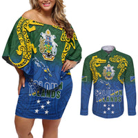Solomon Islands Couples Matching Off Shoulder Short Dress and Long Sleeve Button Shirt The Guardians-Tribal Crocodile and Shark Melanesian Tattoo