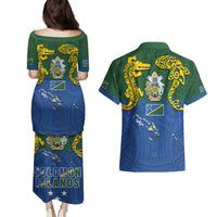 Solomon Islands Couples Matching Puletasi and Hawaiian Shirt The Guardians-Tribal Crocodile and Shark Melanesian Tattoo