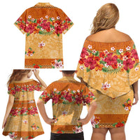 Hawaii Hibiscus Family Matching Off Shoulder Short Dress and Hawaiian Shirt Turtles and Tribal Motifs Vintage Floral Style