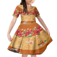 Hawaii Hibiscus Family Matching Puletasi and Hawaiian Shirt Turtles and Tribal Motifs Vintage Floral Style LT03 Daughter's Dress Yellow - Polynesian Pride