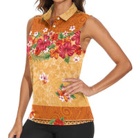 Hawaii Hibiscus Women Sleeveless Polo Shirt Turtles and Tribal Motifs Vintage Floral Style LT03 - Polynesian Pride