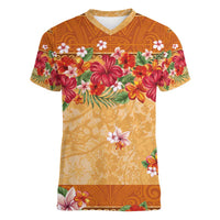 Hawaii Hibiscus Women V-Neck T-Shirt Turtles and Tribal Motifs Vintage Floral Style LT03 Female Yellow - Polynesian Pride