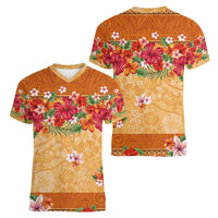 Hawaii Hibiscus Women V-Neck T-Shirt Turtles and Tribal Motifs Vintage Floral Style LT03 - Polynesian Pride