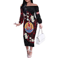 French Polynesia Tiare Day Family Matching Off The Shoulder Long Sleeve Dress and Hawaiian Shirt Seal and Polynesian Pattern LT03 Mom's Dress Black - Polynesian Pride