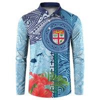 Fiji Day Button Sweatshirt Tapa Pattern and Hibiscus Flower LT03 Blue - Polynesian Pride