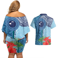 Fiji Day Couples Matching Off Shoulder Short Dress and Hawaiian Shirt Tapa Pattern and Hibiscus Flower