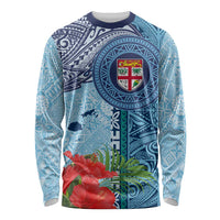 Fiji Day Long Sleeve Shirt Tapa Pattern and Hibiscus Flower LT03 Unisex Blue - Polynesian Pride