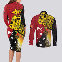 Papua New Guinea Independence Day Couples Matching Long Sleeve Bodycon Dress and Long Sleeve Button Shirt Bird-of-Paradise with Map and Polynesian Pattern LT03 - Polynesian Pride