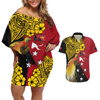 Papua New Guinea Independence Day Couples Matching Off Shoulder Short Dress and Hawaiian Shirt Bird-of-Paradise with Map and Polynesian Pattern LT03 Black - Polynesian Pride