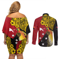 Papua New Guinea Independence Day Couples Matching Off Shoulder Short Dress and Long Sleeve Button Shirt Bird-of-Paradise with Map and Polynesian Pattern LT03 - Polynesian Pride
