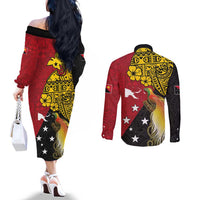Papua New Guinea Independence Day Couples Matching Off The Shoulder Long Sleeve Dress and Long Sleeve Button Shirt Bird-of-Paradise with Map and Polynesian Pattern LT03 - Polynesian Pride