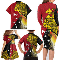 Papua New Guinea Independence Day Family Matching Long Sleeve Bodycon Dress and Hawaiian Shirt Bird-of-Paradise with Map and Polynesian Pattern