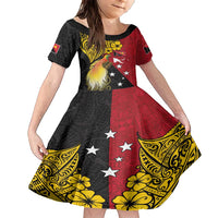 Papua New Guinea Independence Day Family Matching Short Sleeve Bodycon Dress and Hawaiian Shirt Bird-of-Paradise with Map and Polynesian Pattern LT03 Daughter's Dress Black - Polynesian Pride