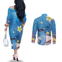 Aloha Hawaiian Monk Seal Couples Matching Off The Shoulder Long Sleeve Dress and Long Sleeve Button Shirt Polynesian Tattoo The Ocean and Undersea Vibe