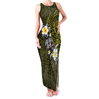 Hawaiian Turtle and Plumeria Family Matching Tank Maxi Dress and Hawaiian Shirt Polynesian Tattoo and Tribal Elements Pattern Yellow Color