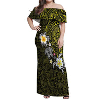 Hawaiian Turtle and Plumeria Off Shoulder Maxi Dress Polynesian Tattoo and Tribal Elements Pattern Yellow Color