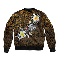 Hawaiian Turtle and Plumeria Bomber Jacket Polynesian Tattoo and Tribal Elements Pattern Orange Color