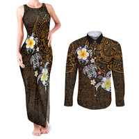 Hawaiian Turtle and Plumeria Couples Matching Tank Maxi Dress and Long Sleeve Button Shirt Polynesian Tattoo and Tribal Elements Pattern Orange Color