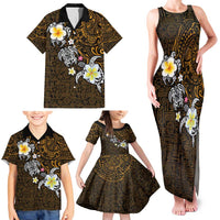 Hawaiian Turtle and Plumeria Family Matching Tank Maxi Dress and Hawaiian Shirt Polynesian Tattoo and Tribal Elements Pattern Orange Color