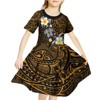 Hawaiian Turtle and Plumeria Kid Short Sleeve Dress Polynesian Tattoo and Tribal Elements Pattern Orange Color