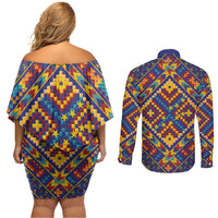 Kolose-Tuvalu Crochet Couples Matching Off Shoulder Short Dress and Long Sleeve Button Shirt with Polynesian and Pacific Tattoos - Polynesian Pride