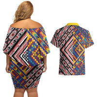 Tuvaluan and New Zealand Culture Couples Matching Off Shoulder Short Dress and Hawaiian Shirt The Art of Kolose and Taniko LT03 - Polynesian Pride
