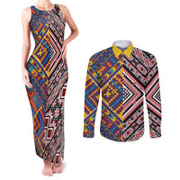 Tuvaluan and New Zealand Culture Couples Matching Tank Maxi Dress and Long Sleeve Button Shirt The Art of Kolose and Taniko - Polynesian Pride