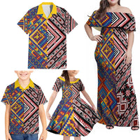 Tuvaluan and New Zealand Culture Family Matching Off Shoulder Maxi Dress and Hawaiian Shirt The Art of Kolose and Taniko - Polynesian Pride