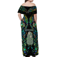New Zealand Off Shoulder Maxi Dress Silver Fern and Hei Tiki with Papua Shell Maori Tribal LT03 - Polynesian Pride