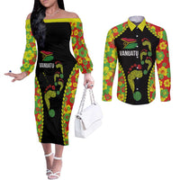 Personalised Vanuatu Running Couples Matching Off The Shoulder Long Sleeve Dress and Long Sleeve Button Shirt Footprint and Hibiscus Polynesian Style LT03 Black - Polynesian Pride