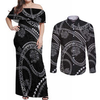 Hawaiian Kakau Art and Hisbiscus Tattoo Couples Matching Off Shoulder Maxi Dress and Long Sleeve Button Shirt Tribal Pattern-Silver Style - Polynesian Pride