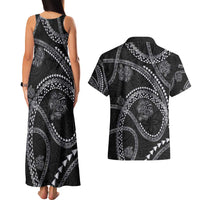 Hawaiian Kakau Art and Hisbiscus Tattoo Couples Matching Tank Maxi Dress and Hawaiian Shirt Tribal Pattern-Silver Style - Polynesian Pride
