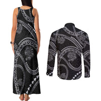 Hawaiian Kakau Art and Hisbiscus Tattoo Couples Matching Tank Maxi Dress and Long Sleeve Button Shirt Tribal Pattern-Silver Style - Polynesian Pride