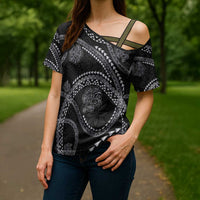 Hawaiian Kakau Art and Hisbiscus Tattoo Cross Shoulder Shirt Tribal Pattern-Silver Style - Polynesian Pride