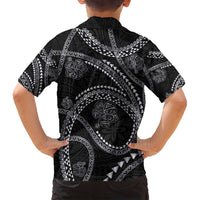 Hawaiian Kakau Art and Hisbiscus Tattoo Family Matching Long Sleeve Bodycon Dress and Hawaiian Shirt Tribal Pattern-Silver Style - Polynesian Pride