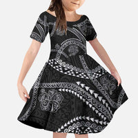 Hawaiian Kakau Art and Hisbiscus Tattoo Family Matching Off Shoulder Maxi Dress and Hawaiian Shirt Tribal Pattern-Silver Style - Polynesian Pride
