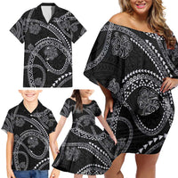 Hawaiian Kakau Art and Hisbiscus Tattoo Family Matching Off Shoulder Short Dress and Hawaiian Shirt Tribal Pattern-Silver Style - Polynesian Pride