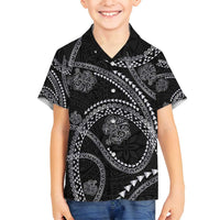 Hawaiian Kakau Art and Hisbiscus Tattoo Family Matching Off Shoulder Short Dress and Hawaiian Shirt Tribal Pattern-Silver Style - Polynesian Pride