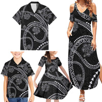 Hawaiian Kakau Art and Hisbiscus Tattoo Family Matching Summer Maxi Dress and Hawaiian Shirt Tribal Pattern-Silver Style - Polynesian Pride