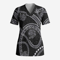 Hawaiian Kakau Art and Hisbiscus Tattoo Scrub Top Tribal Pattern-Silver Style - Polynesian Pride