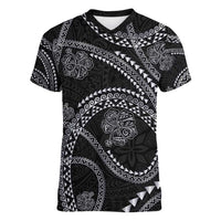 Hawaiian Kakau Art and Hisbiscus Tattoo Women V-Neck T-Shirt Tribal Pattern-Silver Style - Polynesian Pride