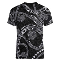 Hawaiian Kakau Art and Hisbiscus Tattoo Women V-Neck T-Shirt Tribal Pattern-Silver Style - Polynesian Pride