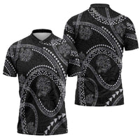 Hawaiian Kakau Art and Hisbiscus Tattoo Zipper Polo Shirt Tribal Pattern-Silver Style - Polynesian Pride