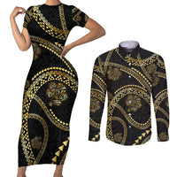 Hawaiian Kakau Art and Hisbiscus Tattoo Couples Matching Short Sleeve Bodycon Dress and Long Sleeve Button Shirt Tribal Pattern-Gold Style - Polynesian Pride