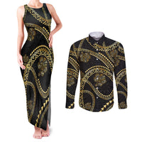 Hawaiian Kakau Art and Hisbiscus Tattoo Couples Matching Tank Maxi Dress and Long Sleeve Button Shirt Tribal Pattern-Gold Style - Polynesian Pride