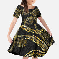Hawaiian Kakau Art and Hisbiscus Tattoo Family Matching Off The Shoulder Long Sleeve Dress and Hawaiian Shirt Tribal Pattern-Gold Style - Polynesian Pride